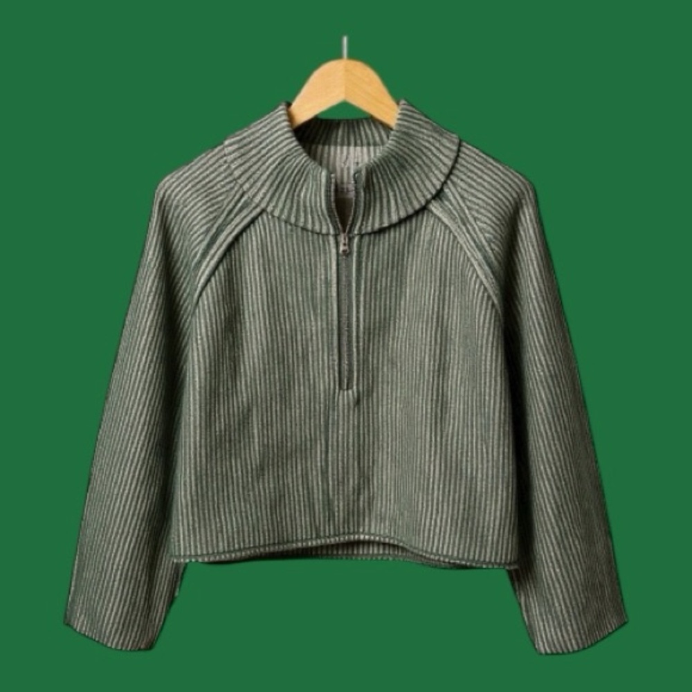 Zenana Two Toned Striped Dark Green Half Zip Semi Cropped Sweater
